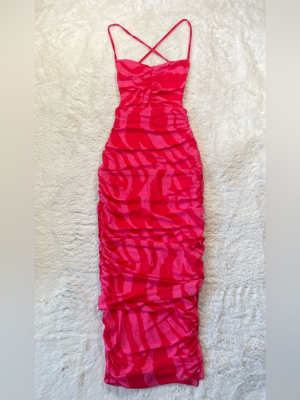 Fashion Nova Hot Pink & Fuchsia Zebra Ruched Midi Dress